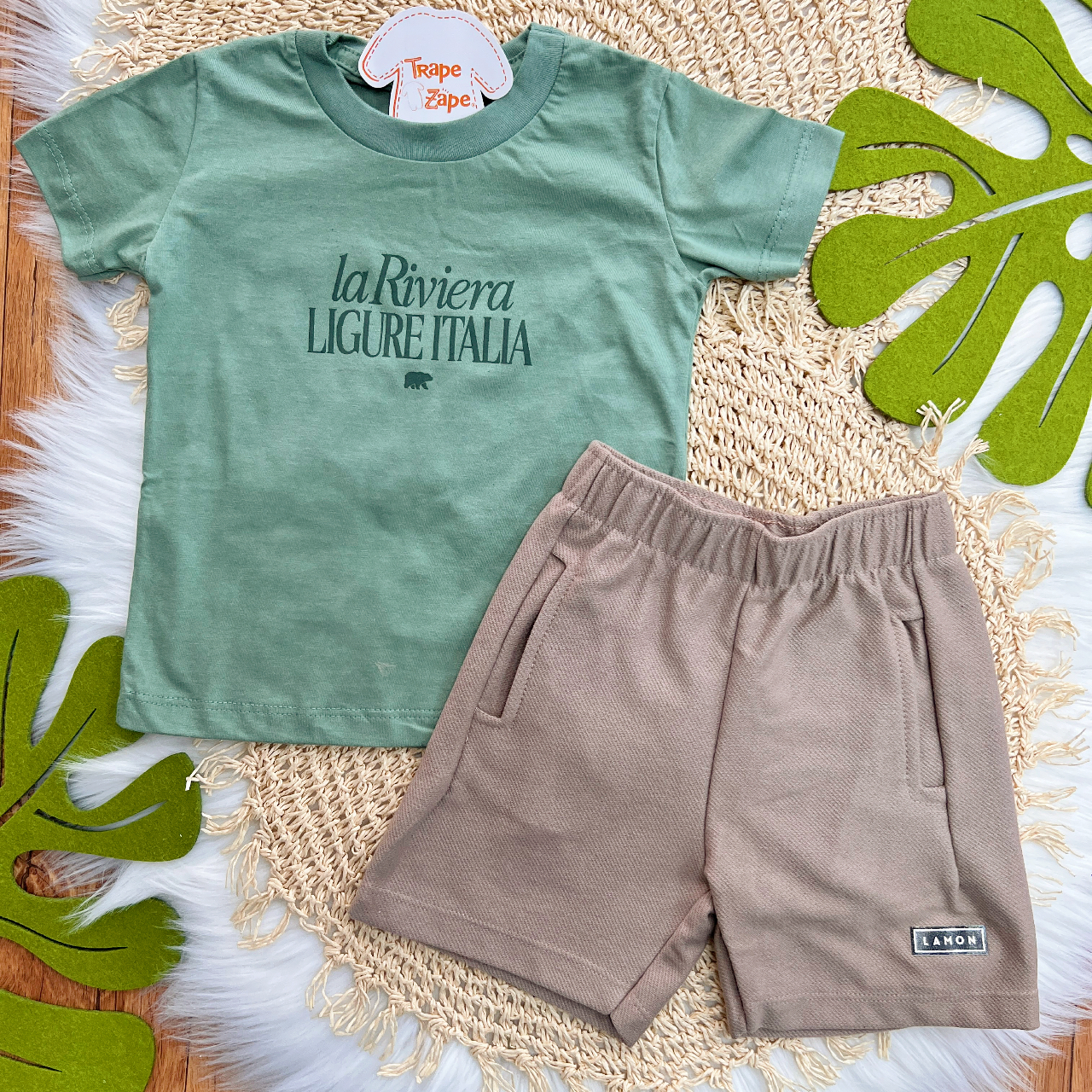 Conj. Camiseta La Riviera e Bermuda em Moletinho - Verde e Areia